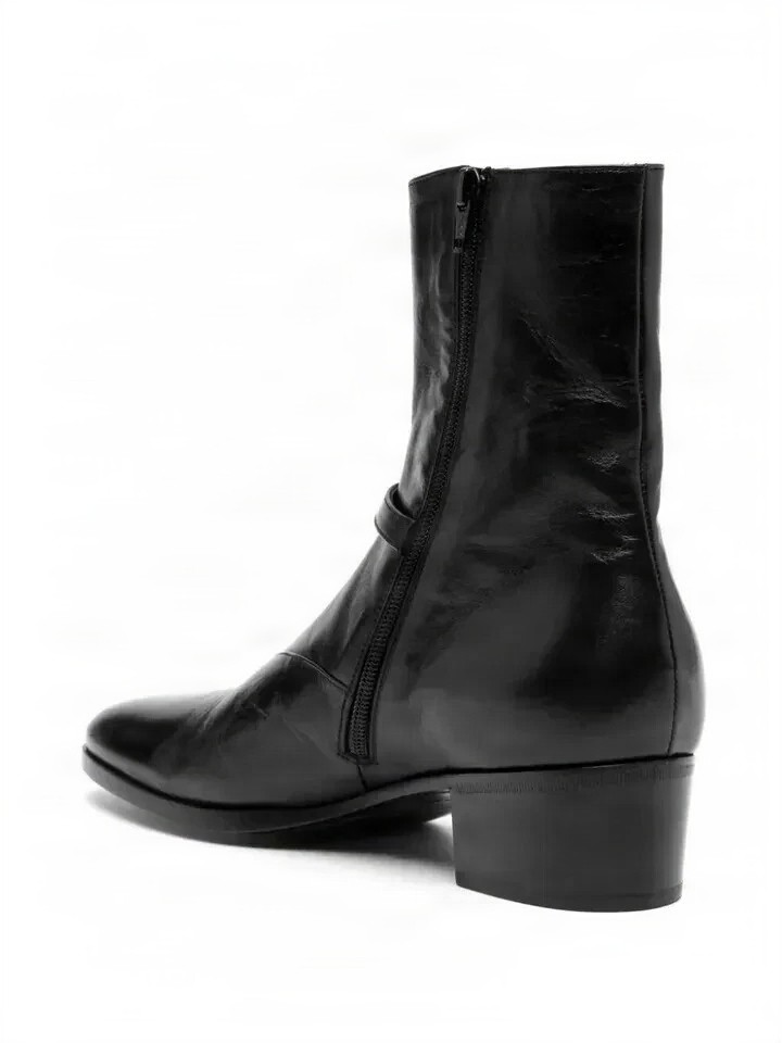 Men's leather harness boots buckle in black