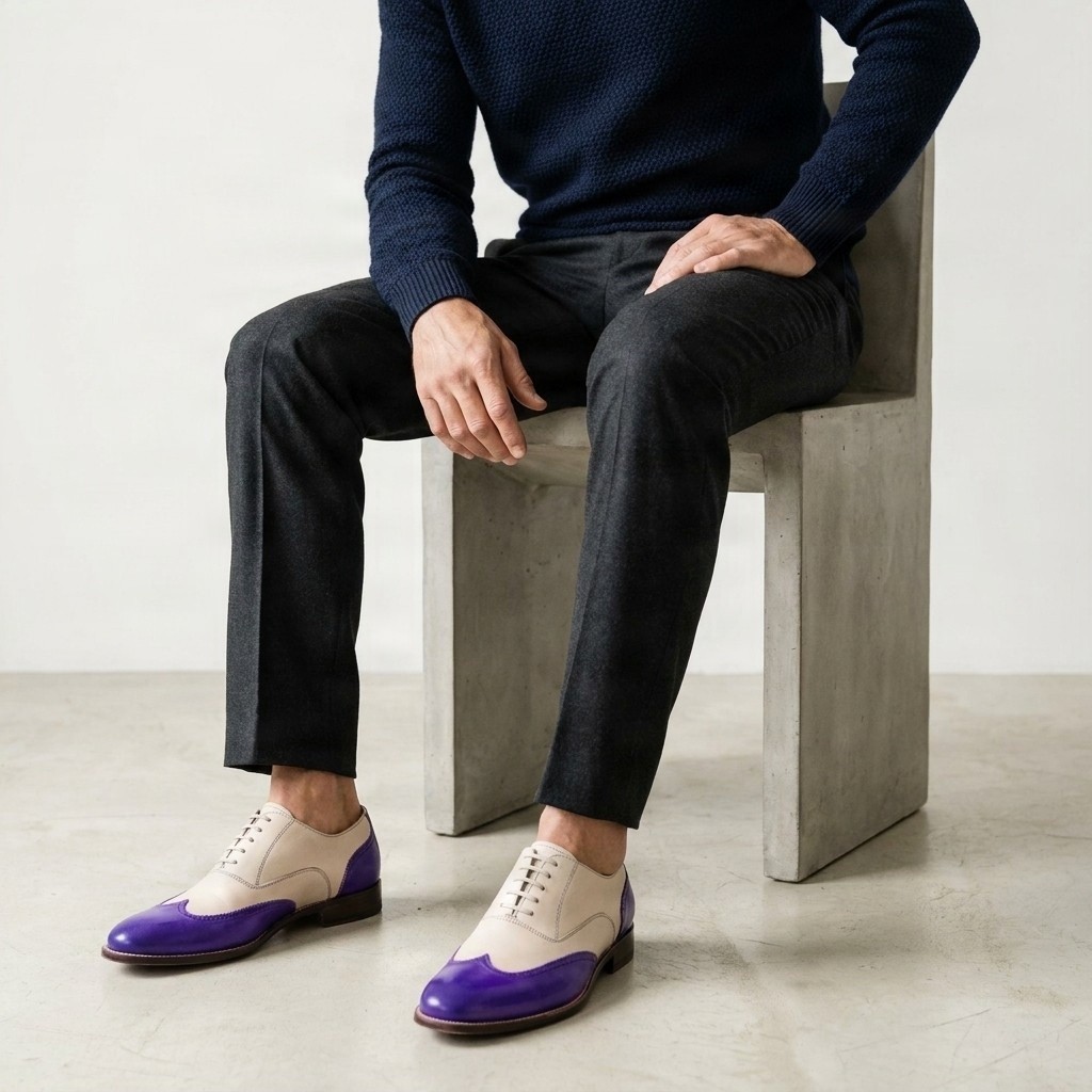 Men's leather oxford shoes in beige and purple