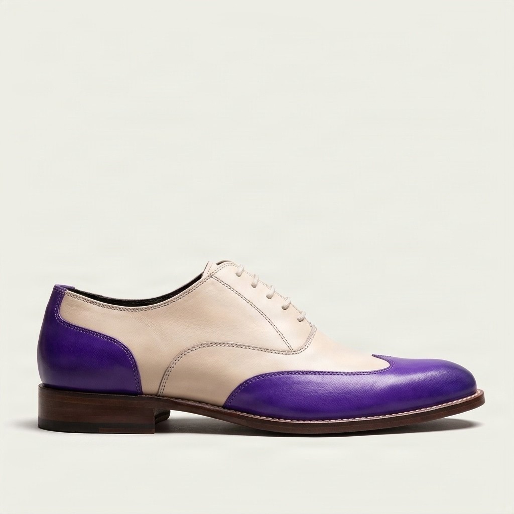 Men's beige and purple leather oxford shoes