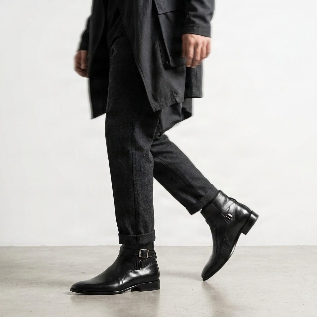 Men's black leather jodhpur boots buckle ankle