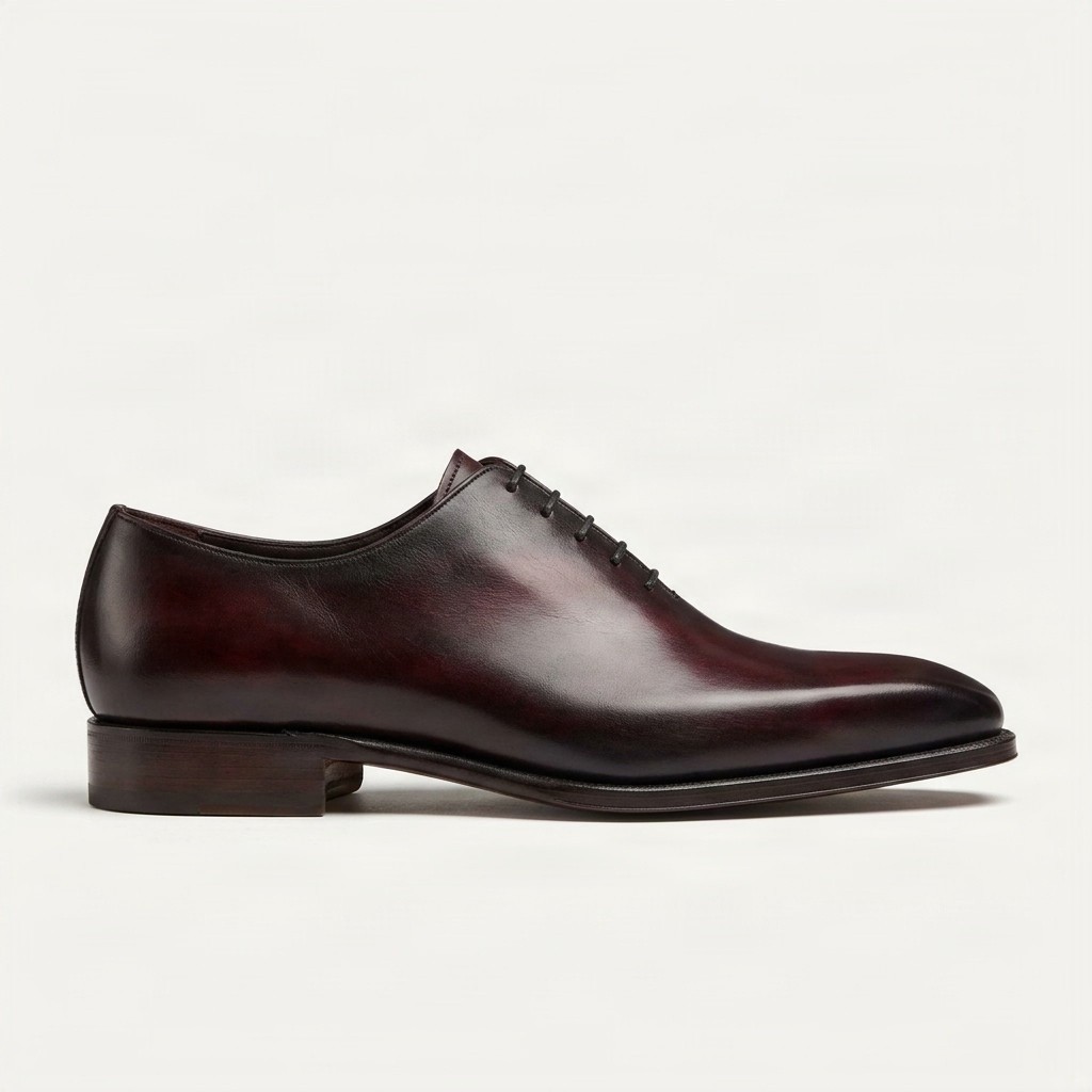 Men's leather wholecut oxfords upper in burgundy