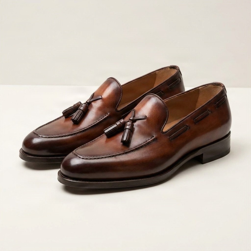 Brown leather tassel loafers apron toe