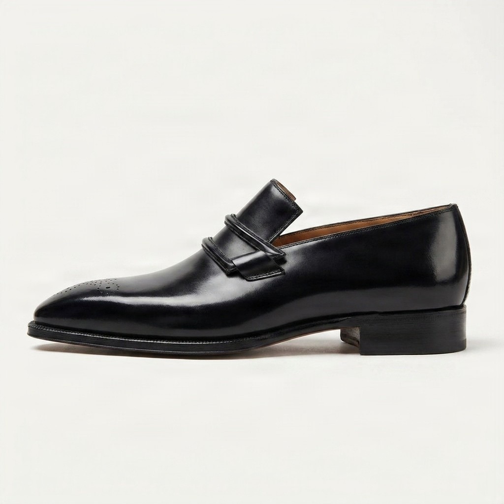 Black patent leather bit loafers for men