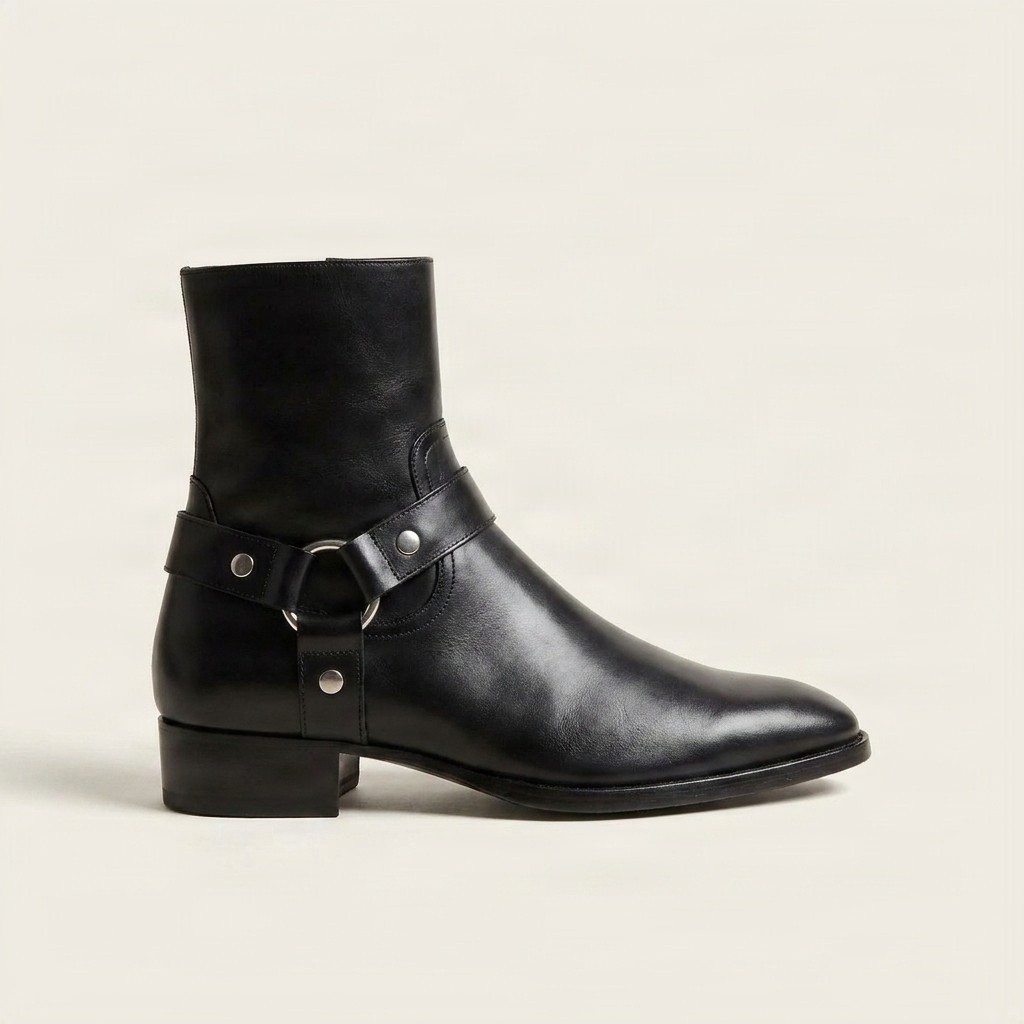 Black leather harness boots pointed toe for men