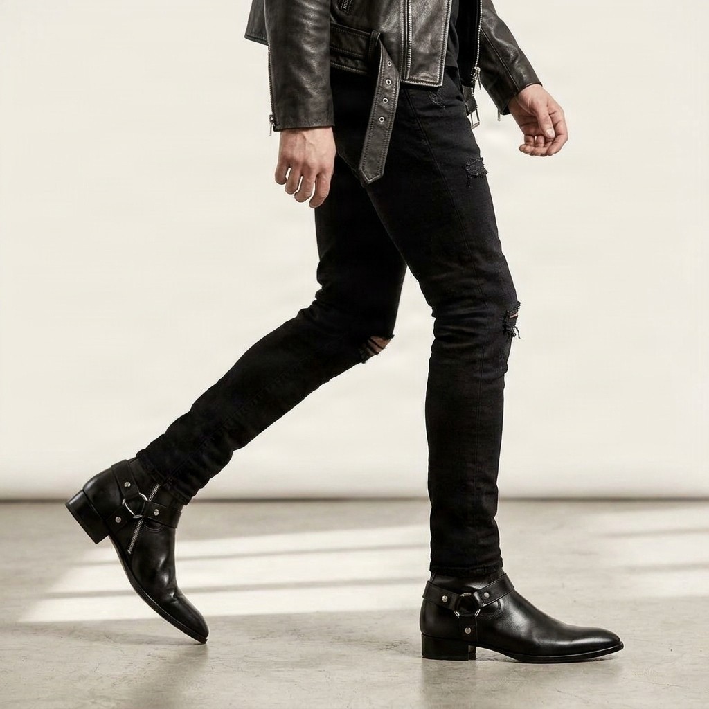 Men's black leather harness boots pointed toe