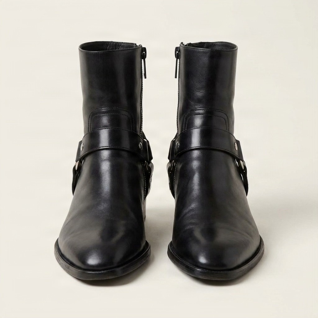 Men's leather harness boots pointed toe in black