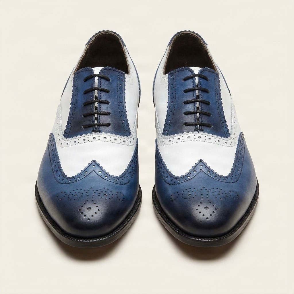Men's leather brogues in navy and white