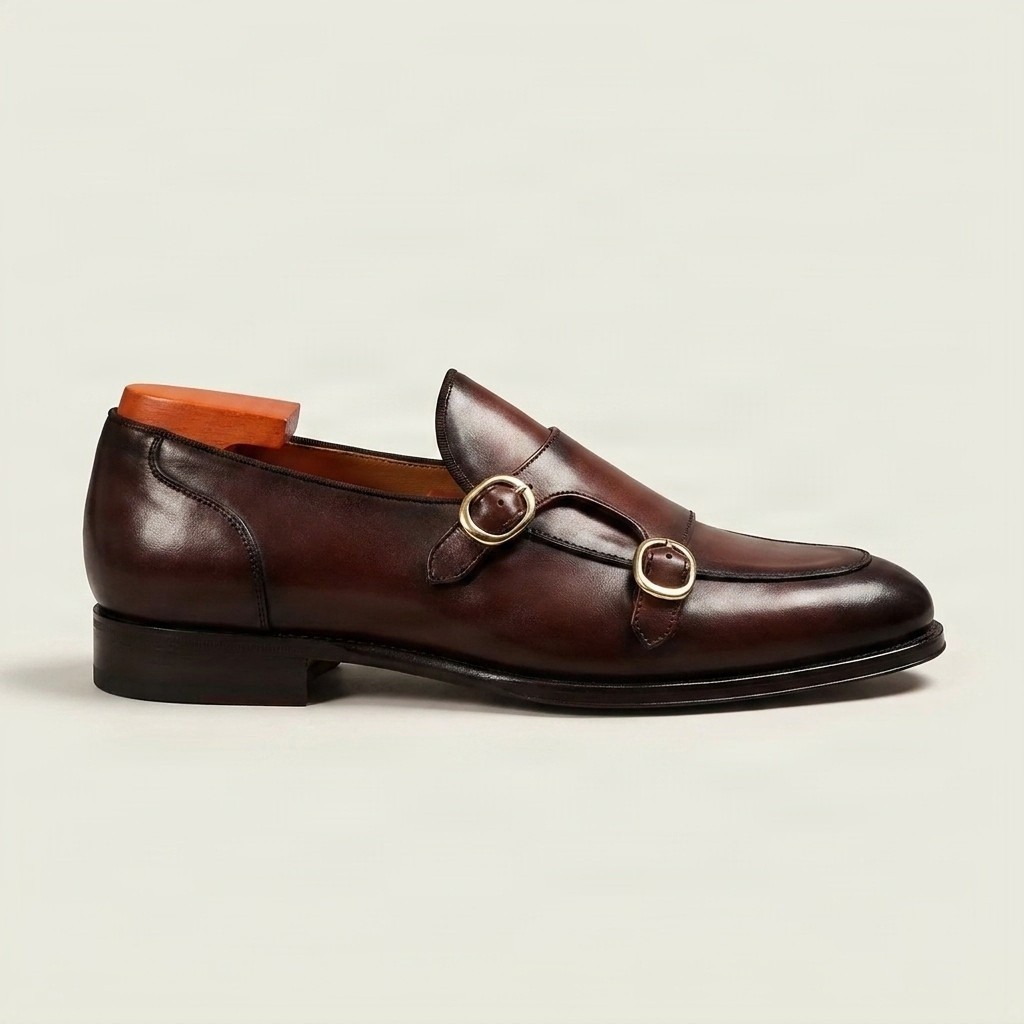 Brown leather double monk strap shoes two metal for men