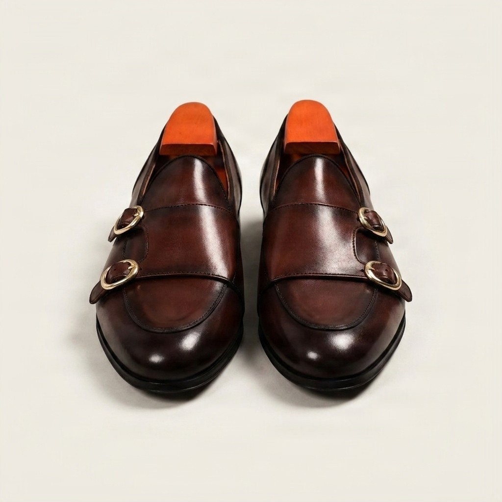 Men's leather double monk strap shoes two metal in brown