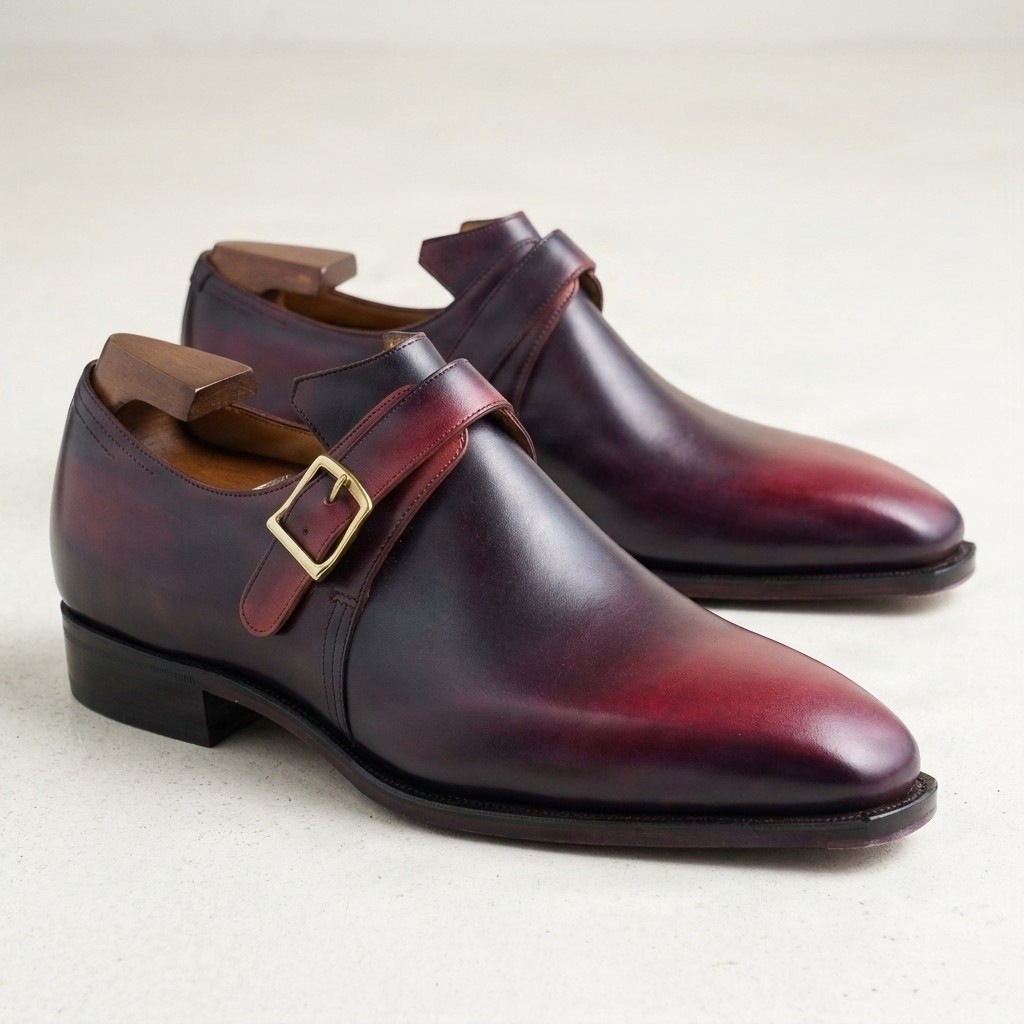 Men's burgundy leather monk strap shoes pointed toe gold