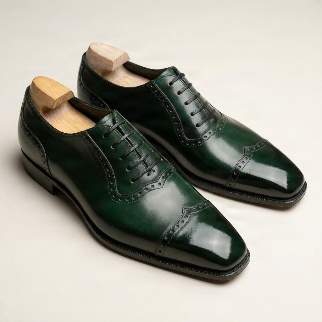 Green leather cap toe brogues for men