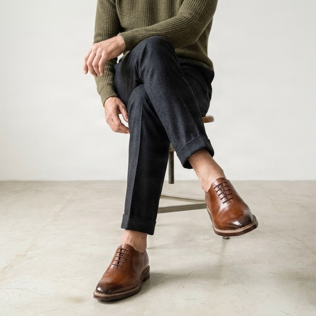 Men's brown leather oxford shoes almond toe