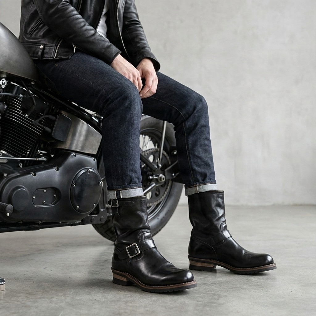Men's leather engineer boots in black
