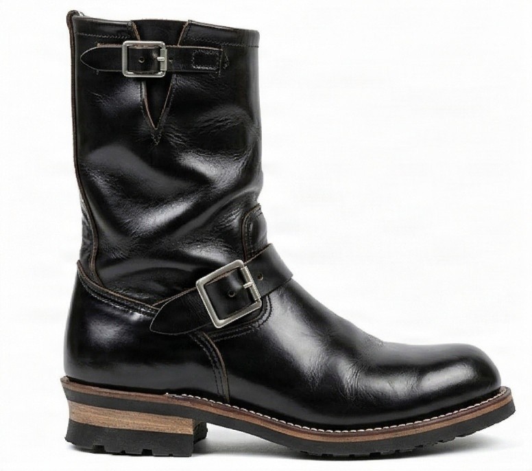 Black leather engineer boots for men