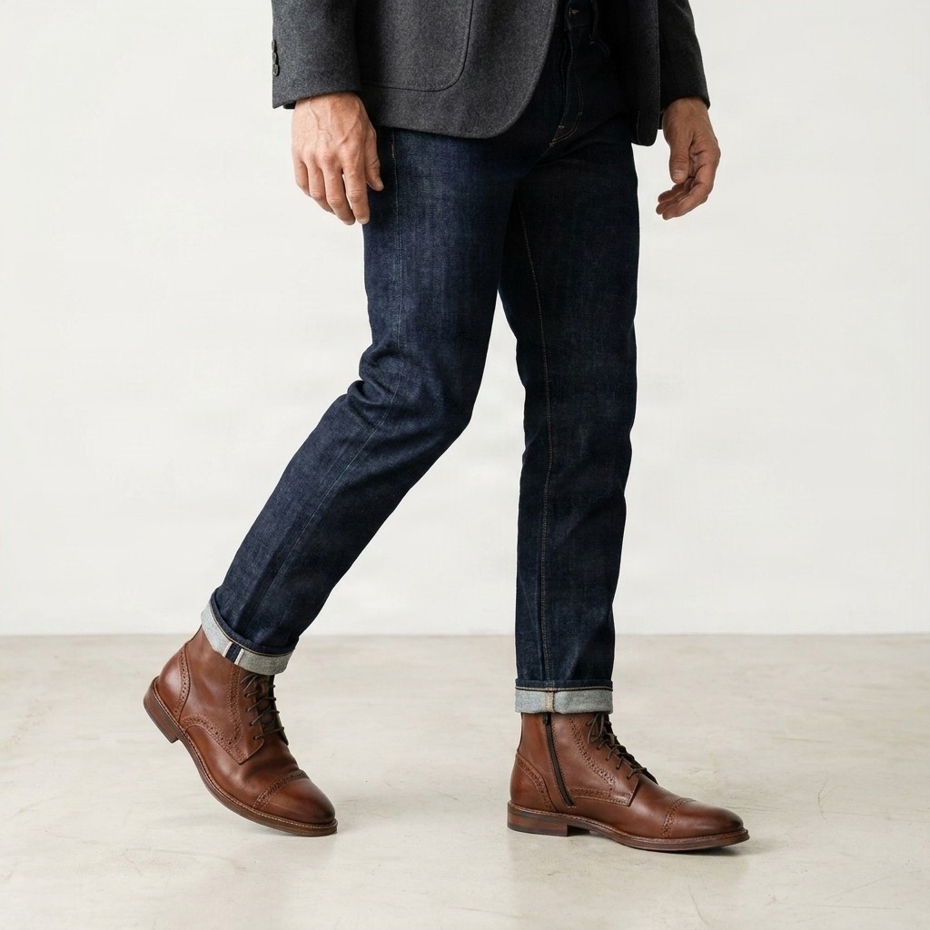 Men's leather ankle boots cap toe in cognac