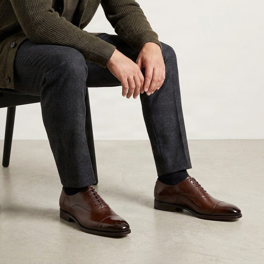 Men's leather oxford shoes cap toe plain in brown