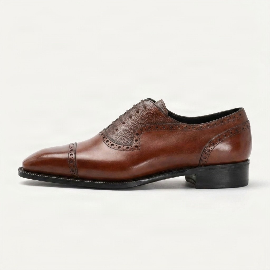 Men's brown leather cap toe brogues pebbled
