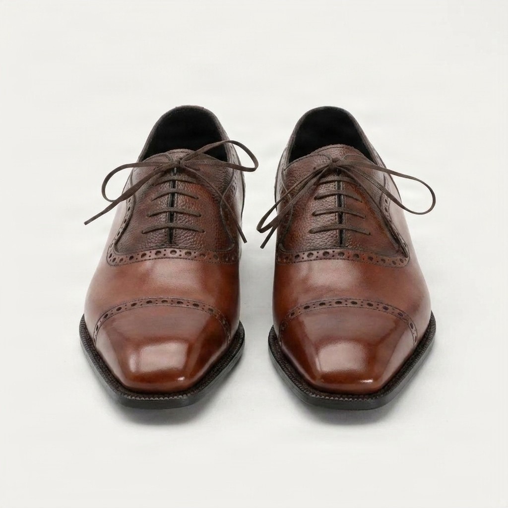 Men's leather cap toe brogues pebbled in brown