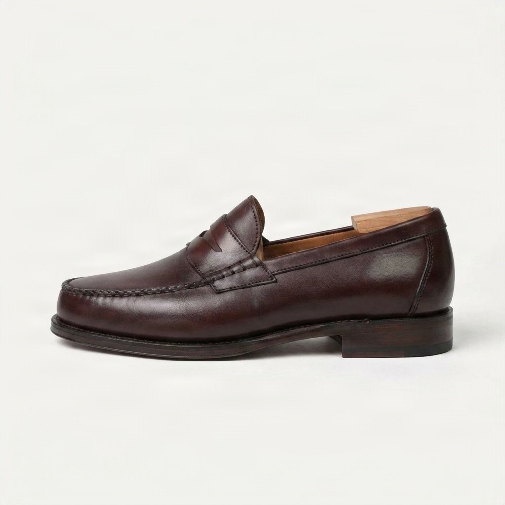 Men's leather penny loafers moc toe in brown