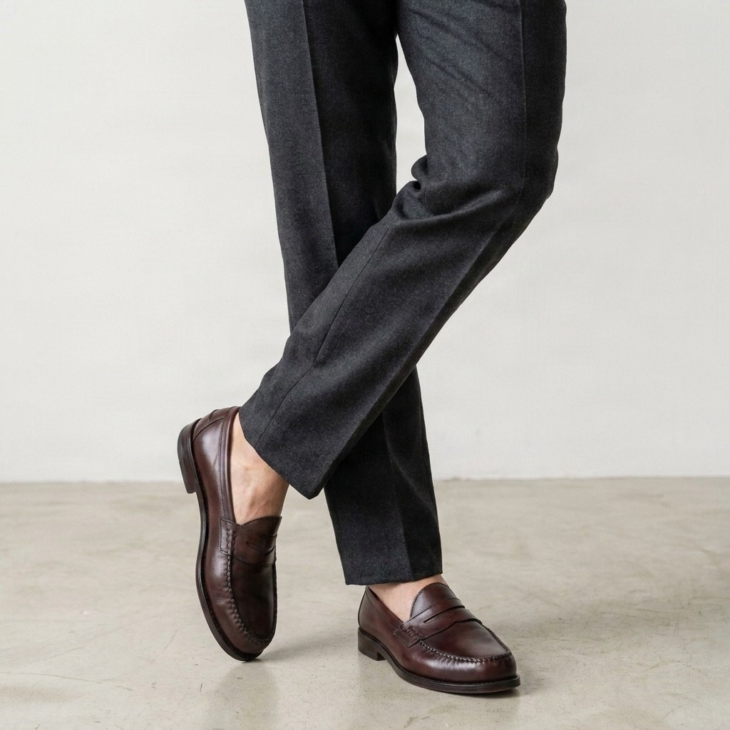 Brown leather penny loafers moc toe for men
