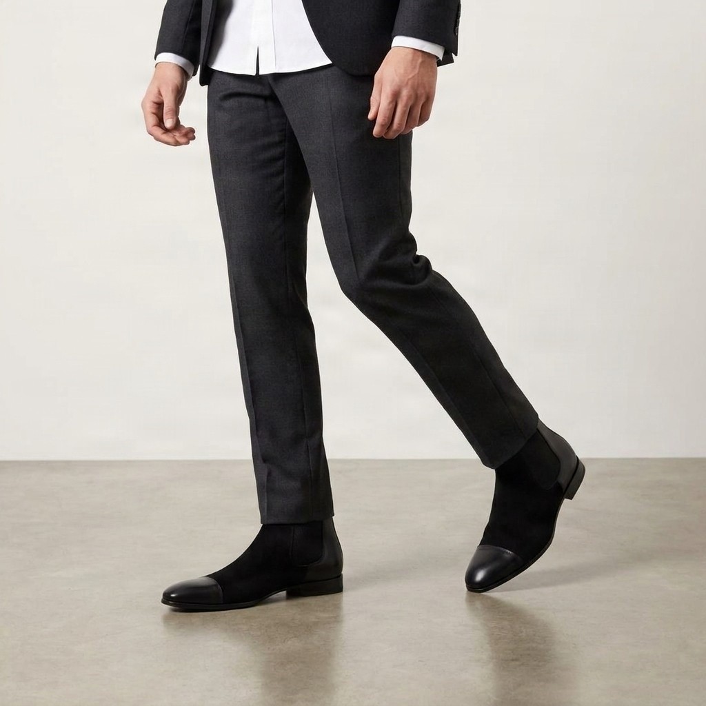Men's suede chelsea boots cap toe in black