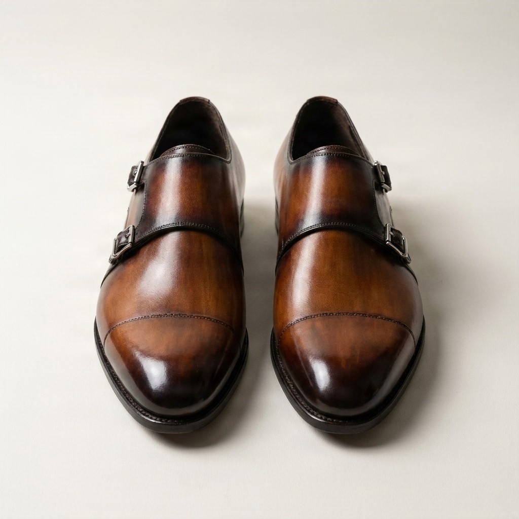 Men's brown leather double monk strap shoes cap toe two