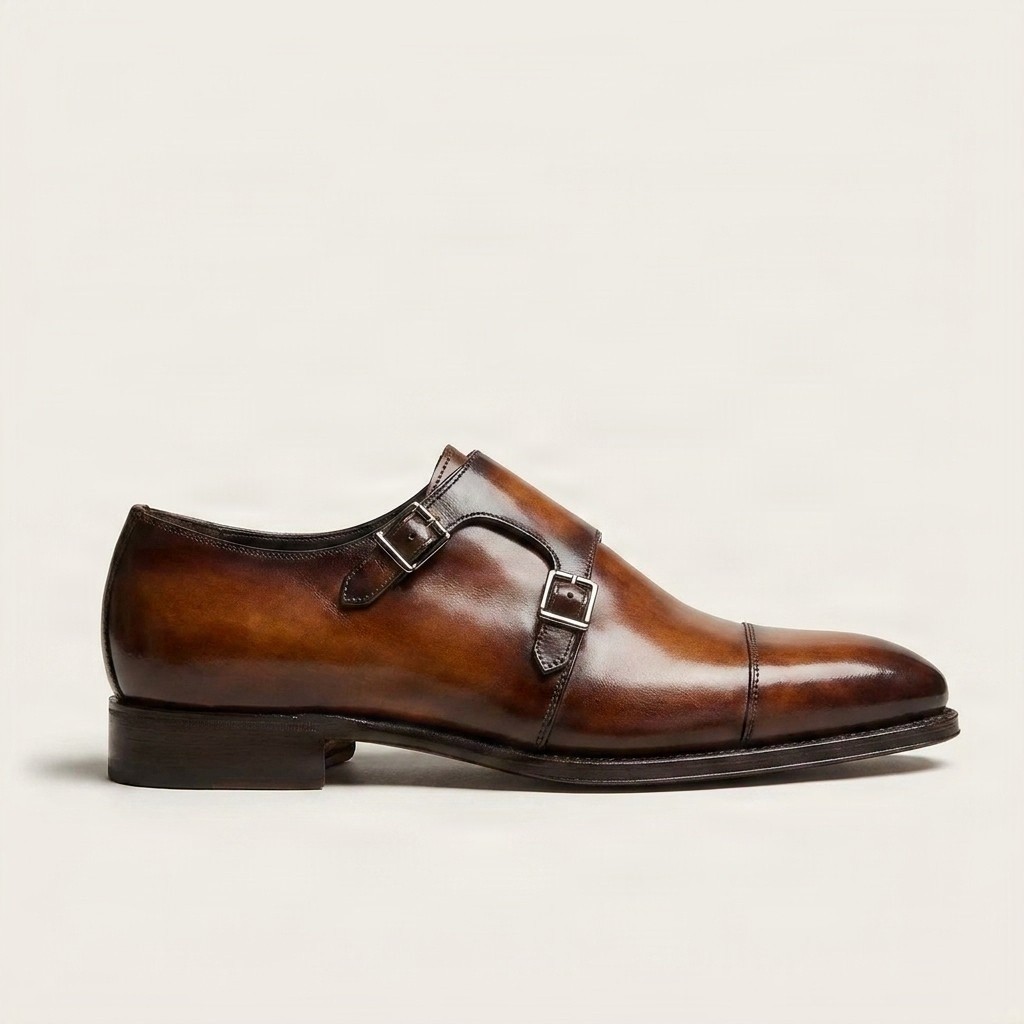 Brown leather double monk strap shoes cap toe two for men