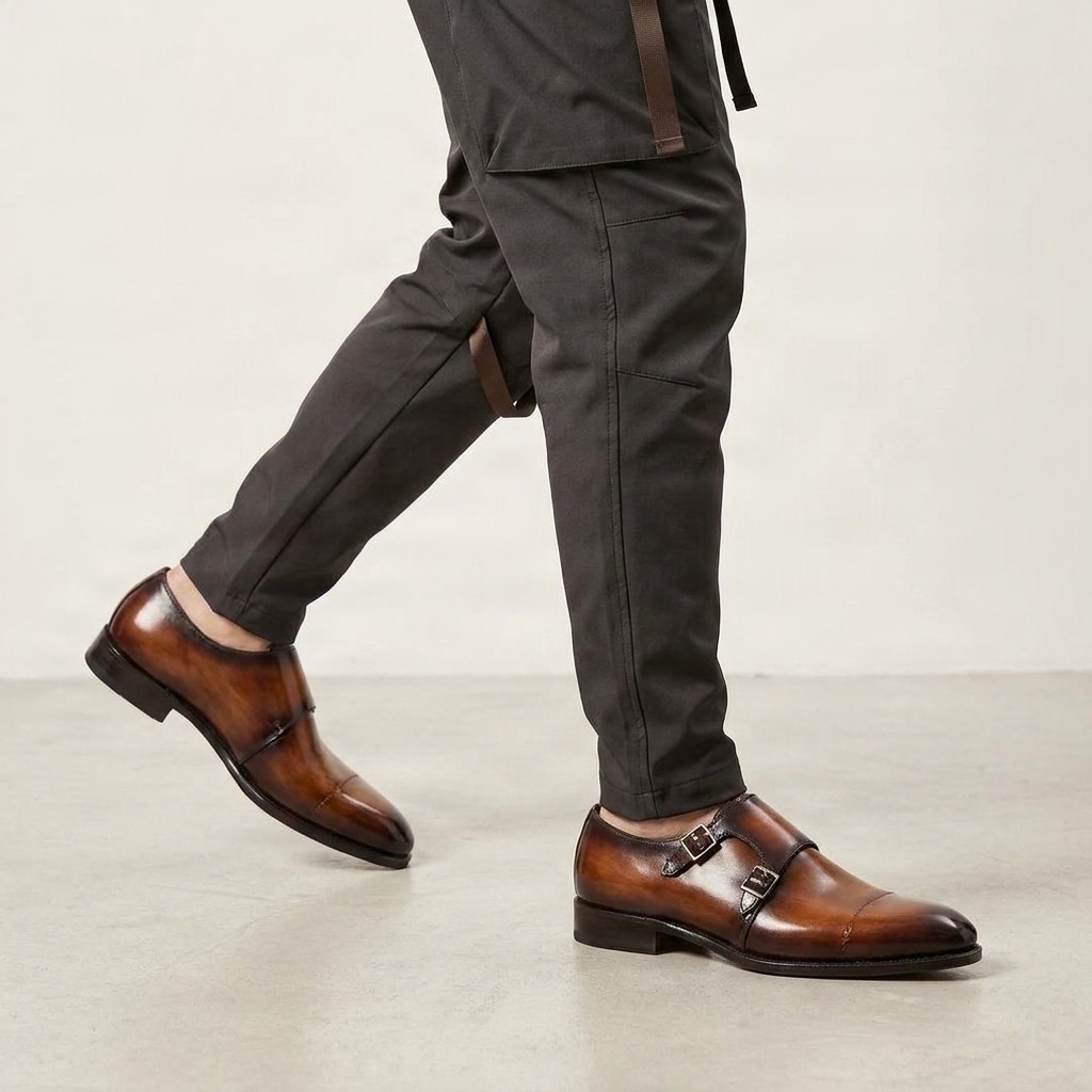 Men's leather double monk strap shoes cap toe two in brown
