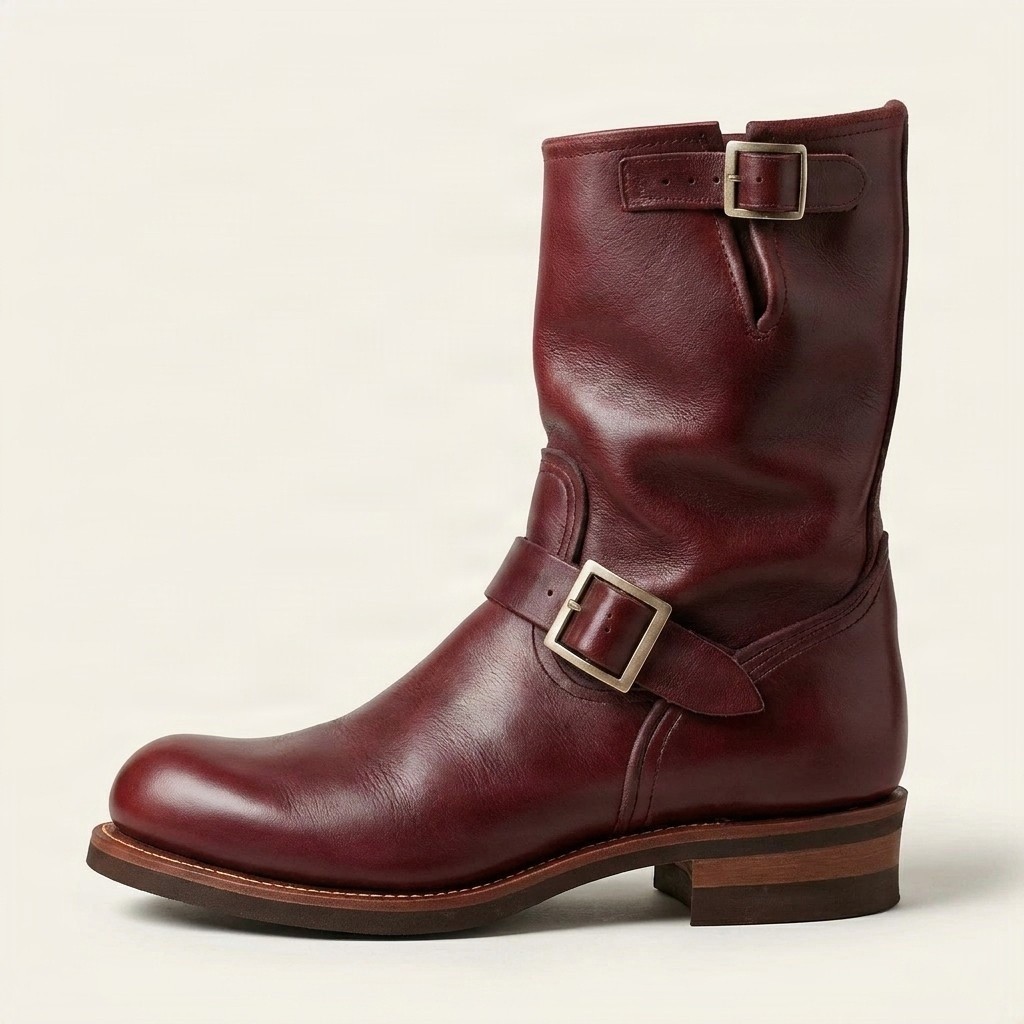 Burgundy leather engineer boots for men