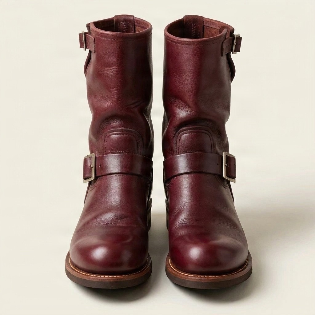 Men's leather engineer boots in burgundy