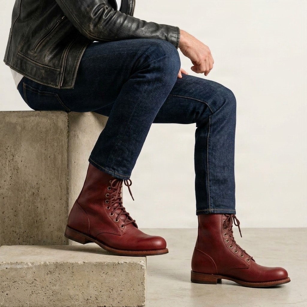 Men's leather combat boots in burgundy
