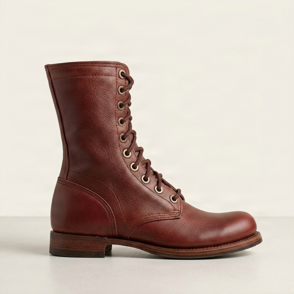 Burgundy leather combat boots for men