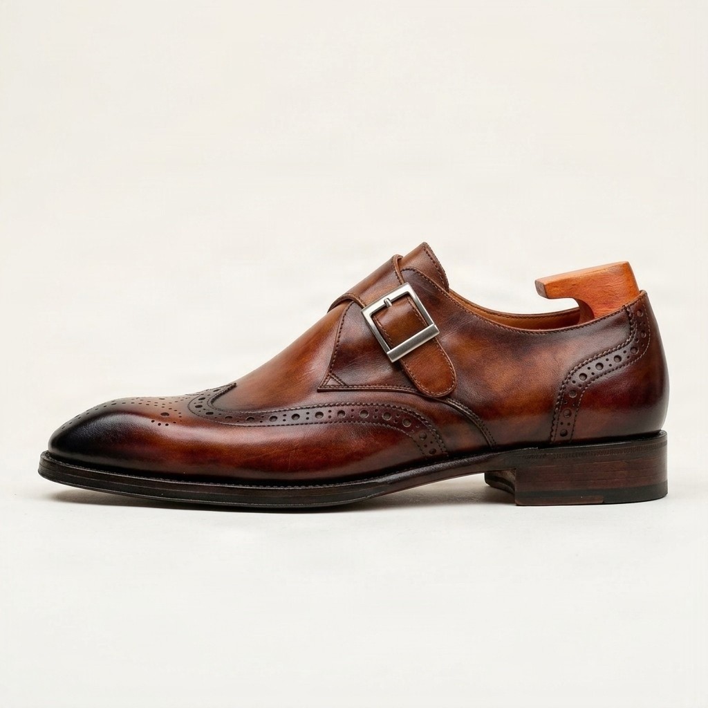 Brown leather monk strap shoes wingtip for men