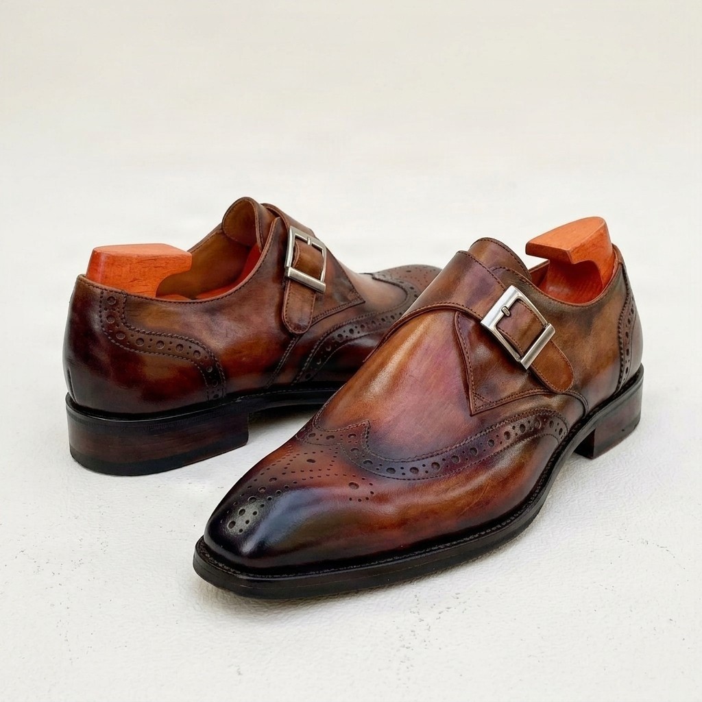 Men's leather monk strap shoes wingtip in brown