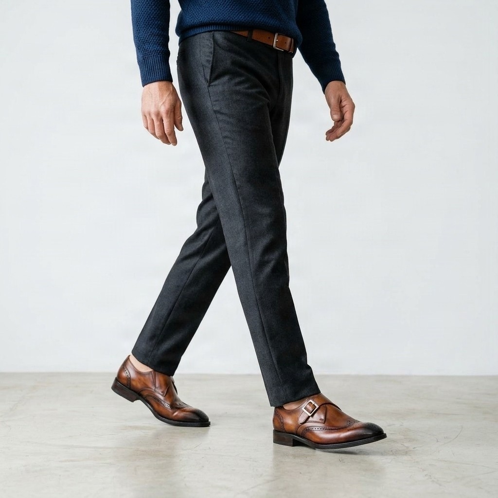Men's brown leather monk strap shoes wingtip