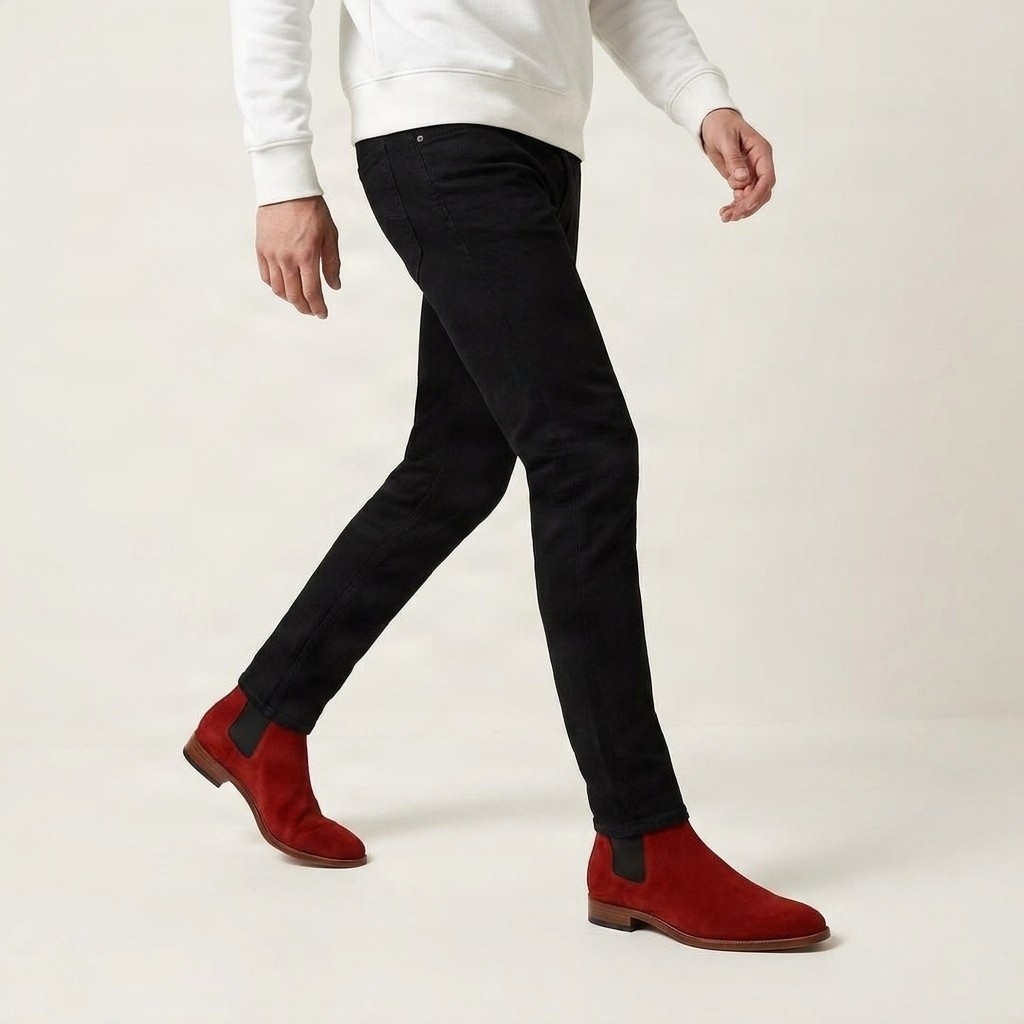 Red suede chelsea boots on male model