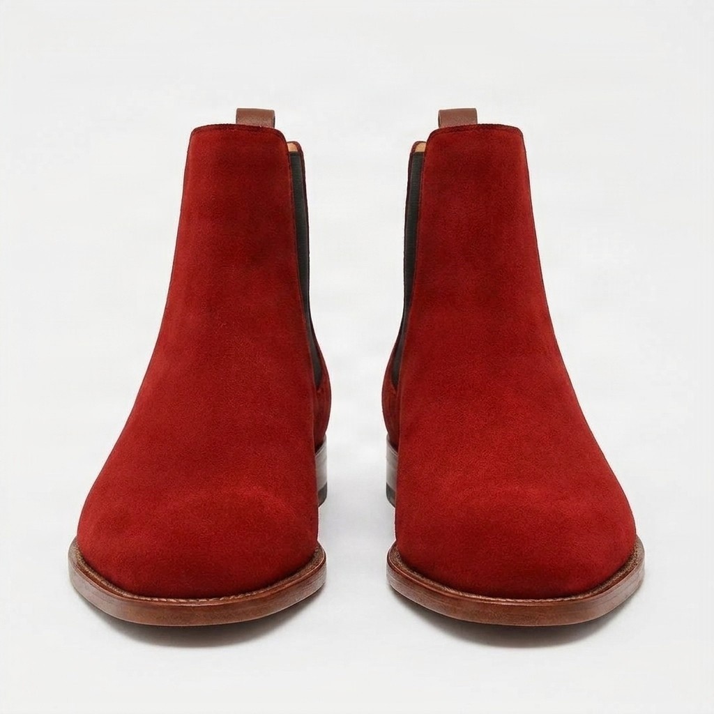 Red suede chelsea boots front view