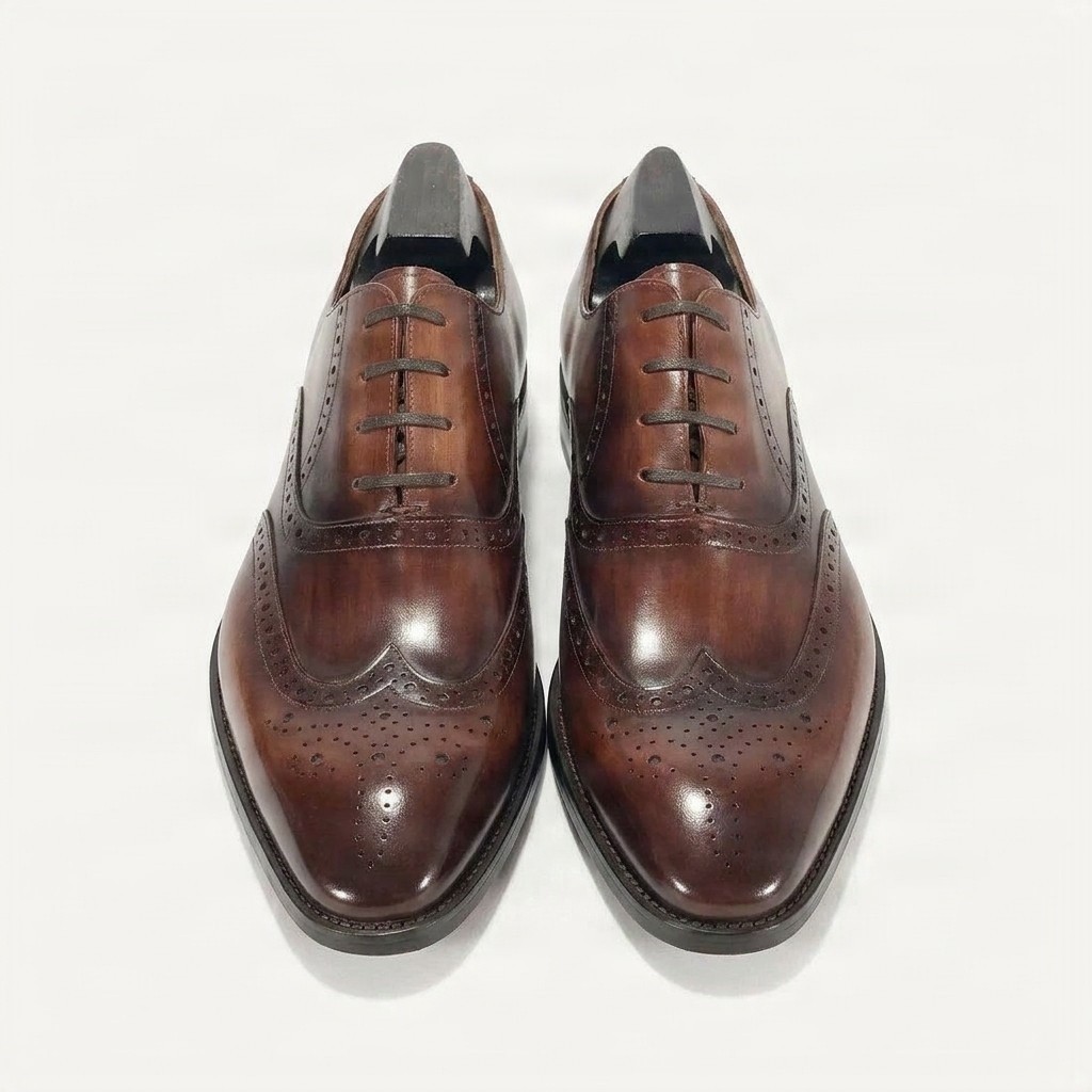 Men's leather wingtip brogues almond toe in brown