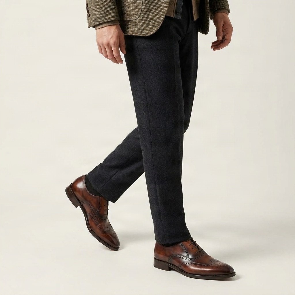 Men's brown leather wingtip brogues almond toe