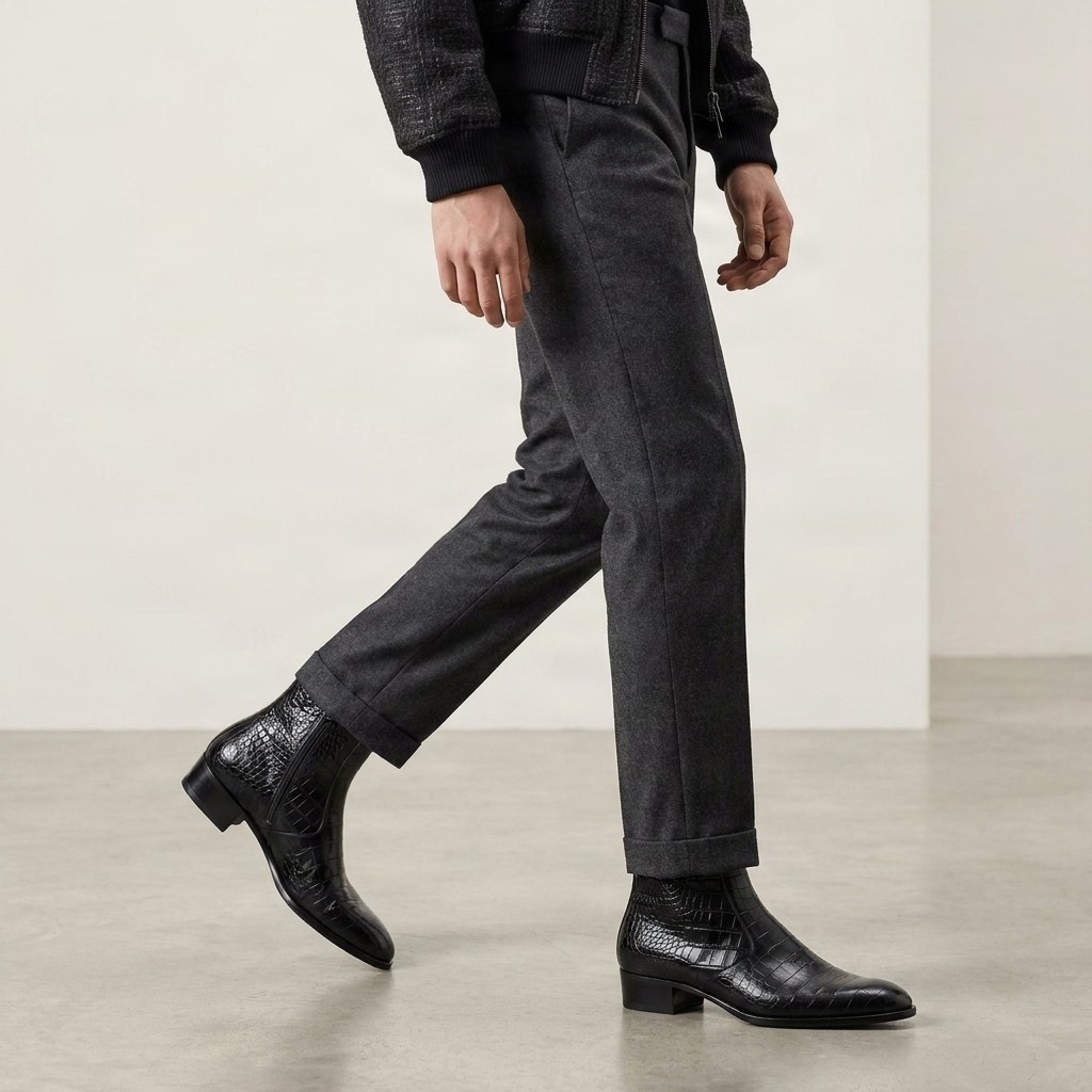 Black crocodile ankle boots pointed toe for men