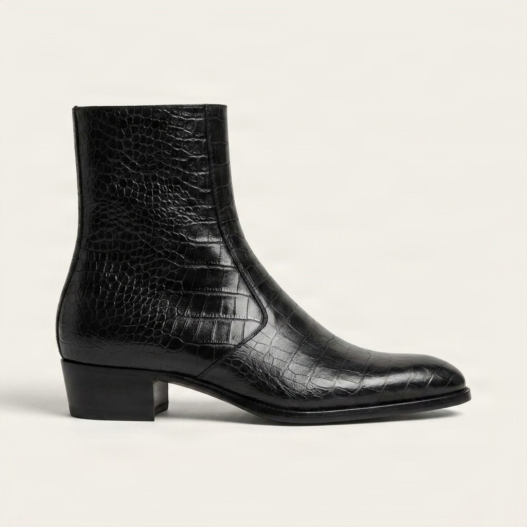Men's black crocodile ankle boots pointed toe