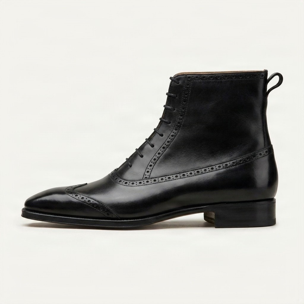 Black leather dress boots wingtip for men