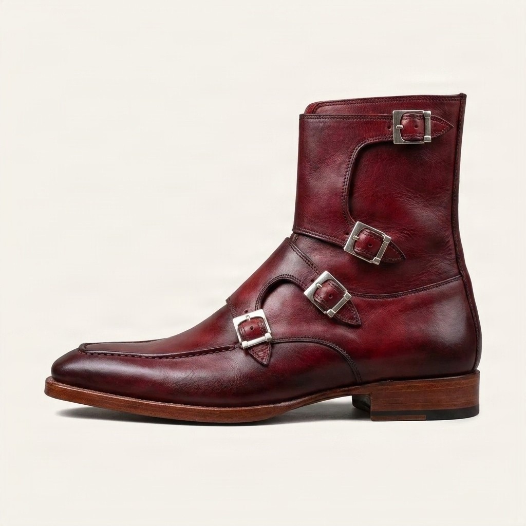 Men's burgundy leather dress boots apron toe