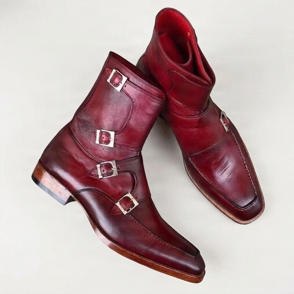 Burgundy leather dress boots apron toe for men