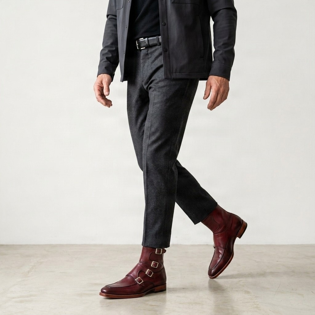 Men's leather dress boots apron toe in burgundy