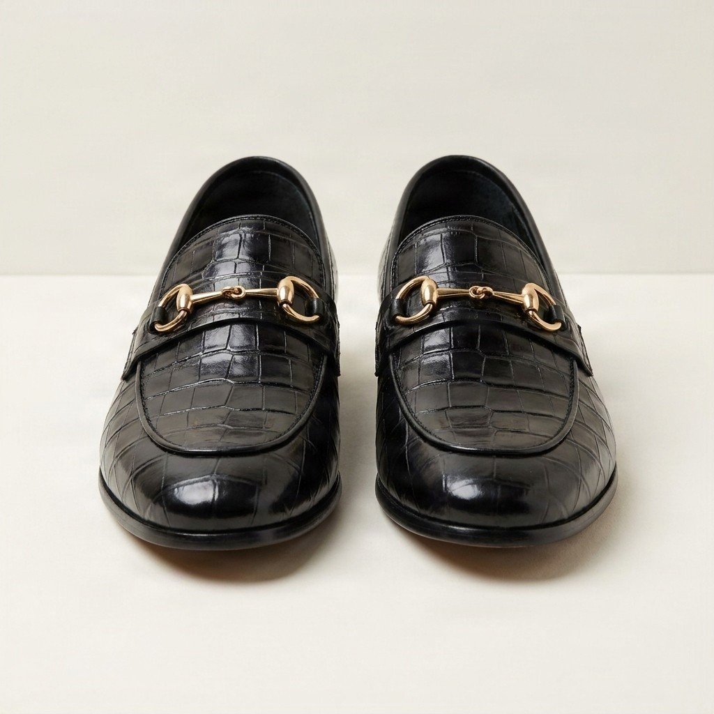Black crocodile horsebit loafers for men