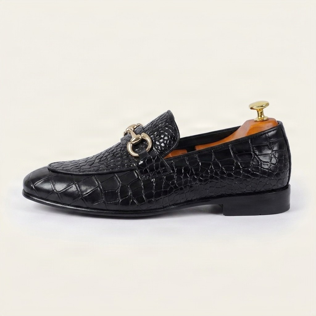 Men's black crocodile horsebit loafers