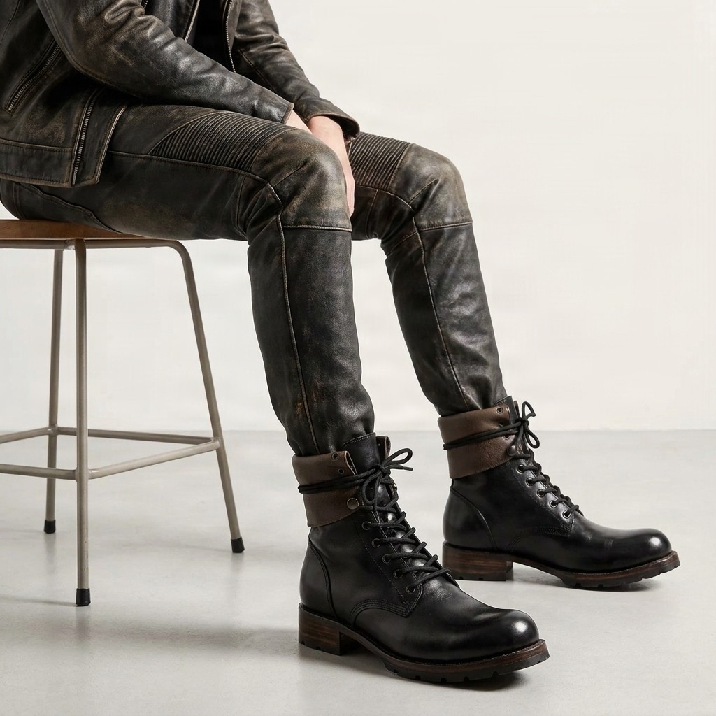 Men's black leather combat boots fold