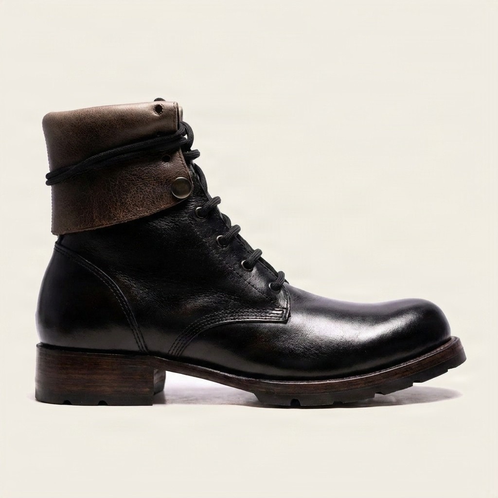 Black leather combat boots fold for men