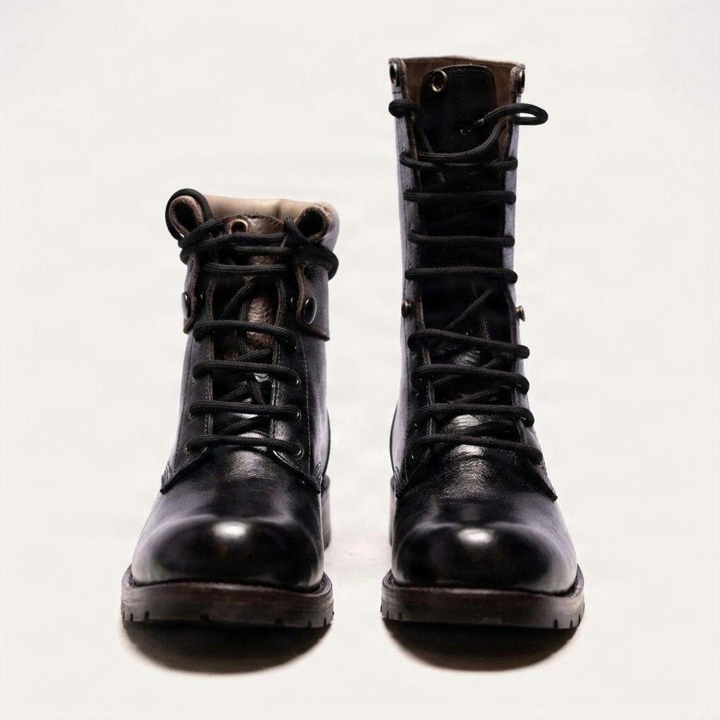 Men's leather combat boots fold in black